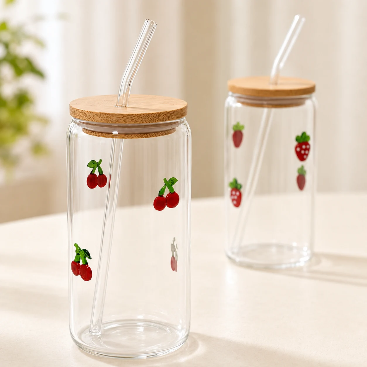 Glass cups with straws